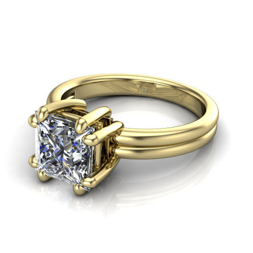 Lainey princess-cut solitaire engagement ring in 14K Yellow Gold, three-quarter perspective showing the princess-cut center diamond raised in a double-claw prong head on a polished band