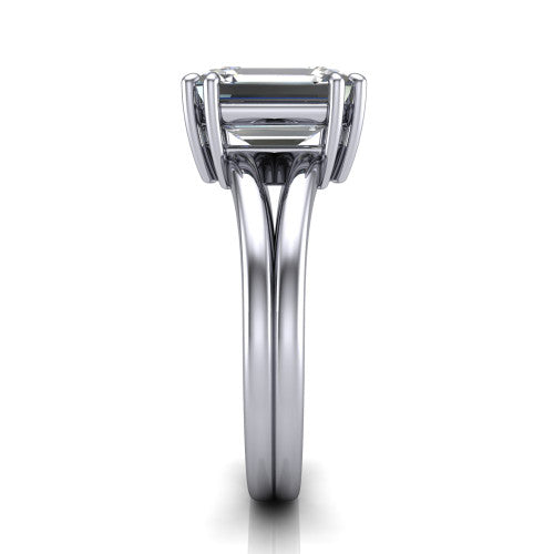 Lainey emerald-cut solitaire engagement ring in 14K White Gold, side profile showing the prong head, polished tapered band, and comfort-fit profile