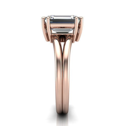Lainey emerald-cut solitaire engagement ring in 18K Rose Gold, side profile showing the prong head, polished tapered band, and comfort-fit profile