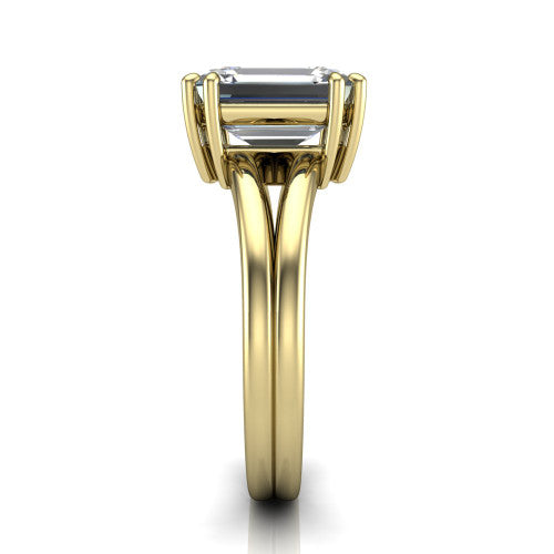 Lainey emerald-cut solitaire engagement ring in 18K Yellow Gold, side profile showing the prong head, polished tapered band, and comfort-fit profile