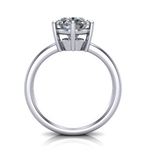 Lainey oval solitaire engagement ring in Platinum, through-finger front profile showing the raised solitaire head and open under-gallery from the front