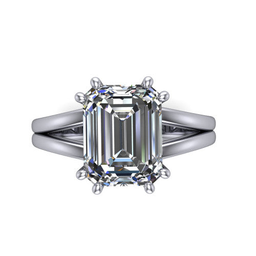 Lainey emerald-cut solitaire engagement ring in Platinum, top-down view showing the emerald-cut center diamond from above in its double-claw head