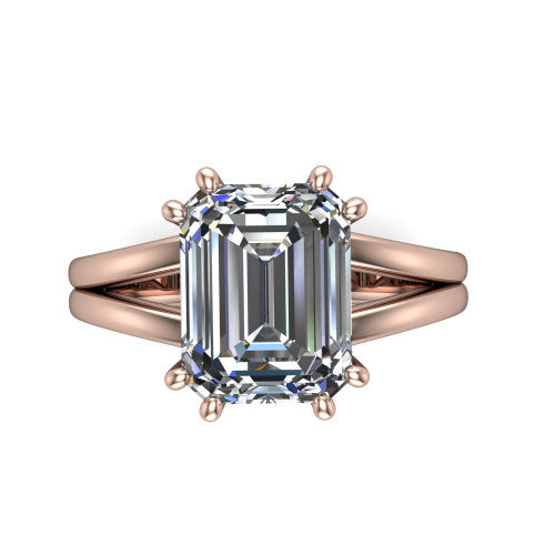 Lainey emerald-cut solitaire engagement ring in 18K Rose Gold, top-down view showing the emerald-cut center diamond from above in its double-claw head