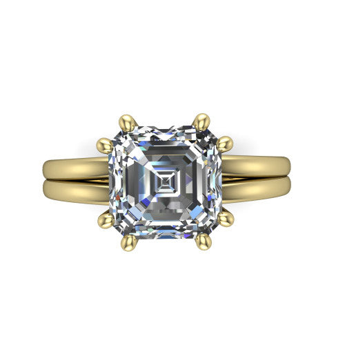 Lainey square emerald-cut solitaire engagement ring in 18K Yellow Gold, top-down view showing the square emerald-cut center diamond from above in its double-claw head