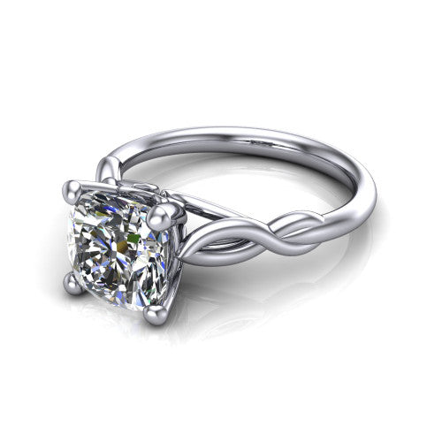 Ember cushion solitaire engagement ring in 18K White Gold — three-quarter perspective showing the brilliant cushion-cut center diamond, 4-prong setting, and twisted infinity rope shank