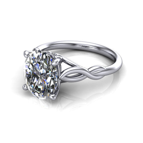 Ember oval solitaire engagement ring in 18K White Gold — three-quarter perspective showing the brilliant oval center diamond, 4-prong setting, and twisted infinity rope shank