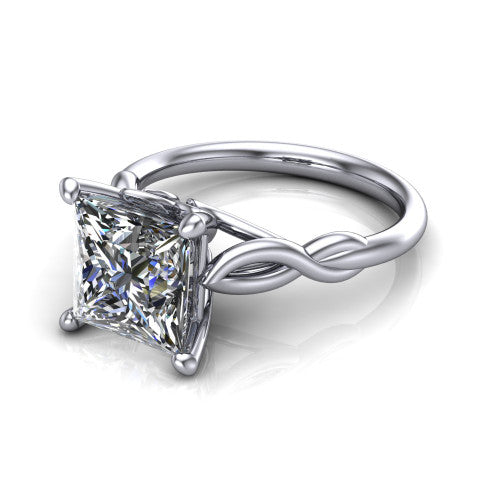 Ember princess solitaire engagement ring in 18K White Gold — three-quarter perspective showing the brilliant princess-cut center diamond, 4-prong setting, and twisted infinity rope shank