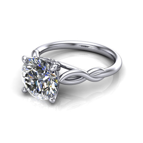 Ember round solitaire engagement ring in 14K White Gold — three-quarter perspective showing the brilliant round center diamond, 4-prong setting, and twisted infinity rope shank