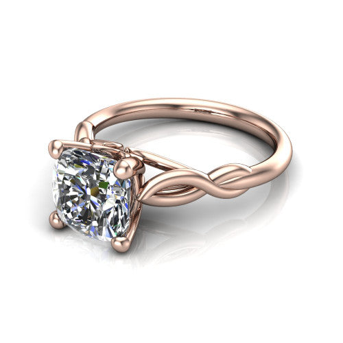 Ember cushion solitaire engagement ring in 14K Rose Gold — three-quarter perspective showing the brilliant cushion-cut center diamond, 4-prong setting, and twisted infinity rope shank