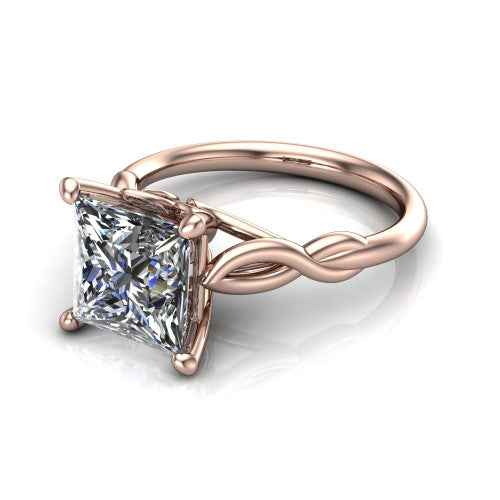 Ember princess solitaire engagement ring in 18K Rose Gold — three-quarter perspective showing the brilliant princess-cut center diamond, 4-prong setting, and twisted infinity rope shank