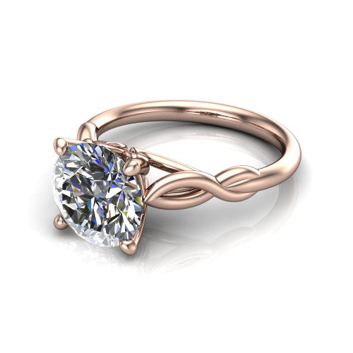 Ember round solitaire engagement ring in 14K Rose Gold — three-quarter perspective showing the brilliant round center diamond, 4-prong setting, and twisted infinity rope shank