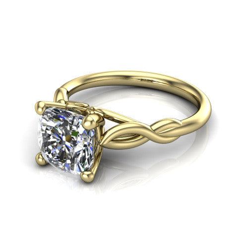 Ember cushion solitaire engagement ring in 14K Yellow Gold — three-quarter perspective showing the brilliant cushion-cut center diamond, 4-prong setting, and twisted infinity rope shank