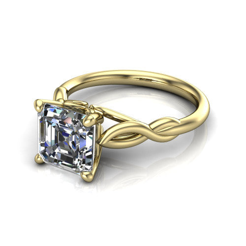 Ember square emerald solitaire engagement ring in 14K Yellow Gold — three-quarter perspective showing the step-cut square emerald center diamond, 4-prong setting, and twisted infinity rope shank
