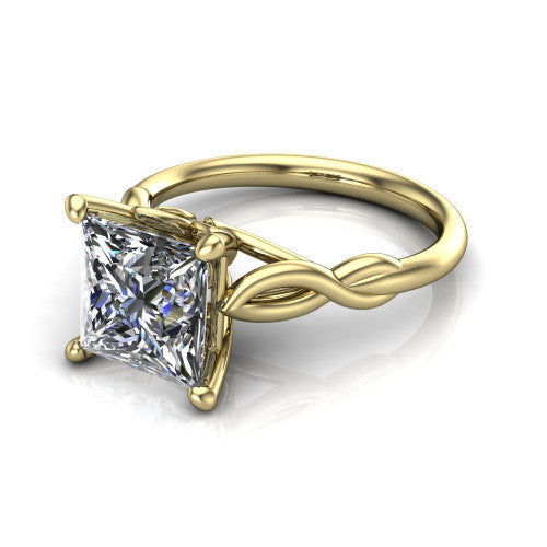 Ember princess solitaire engagement ring in 14K Yellow Gold — three-quarter perspective showing the brilliant princess-cut center diamond, 4-prong setting, and twisted infinity rope shank