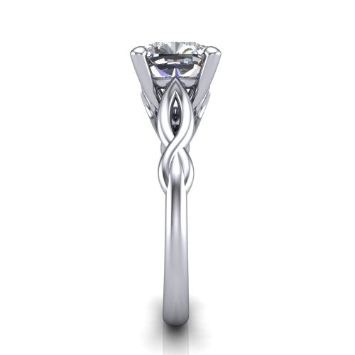Ember cushion solitaire engagement ring in Platinum — side profile showing the twisted infinity rope shank flowing into the cathedral gallery and 4-prong setting