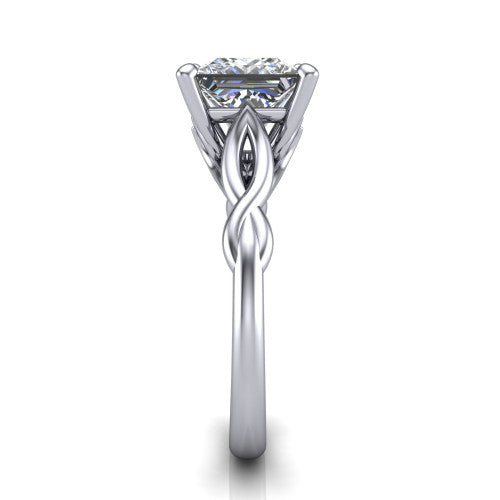 Ember princess solitaire engagement ring in Platinum — side profile showing the twisted infinity rope shank flowing into the cathedral gallery and 4-prong setting