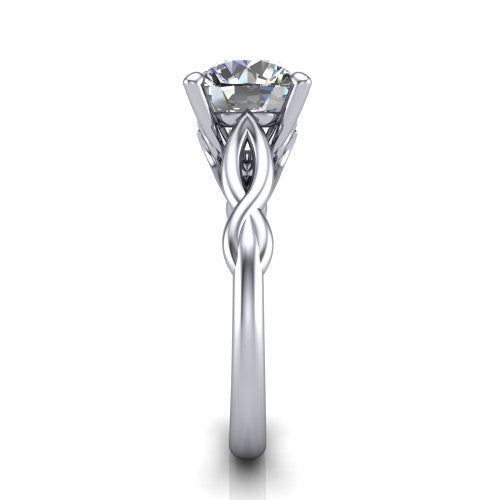 Ember round solitaire engagement ring in 18K White Gold — side profile showing the twisted infinity rope shank flowing into the cathedral gallery and 4-prong setting