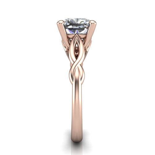 Ember cushion solitaire engagement ring in 14K Rose Gold — side profile showing the twisted infinity rope shank flowing into the cathedral gallery and 4-prong setting