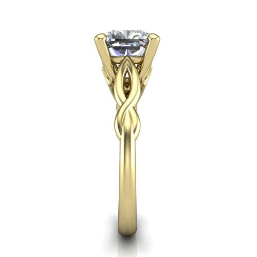 Ember cushion solitaire engagement ring in 18K Yellow Gold — side profile showing the twisted infinity rope shank flowing into the cathedral gallery and 4-prong setting