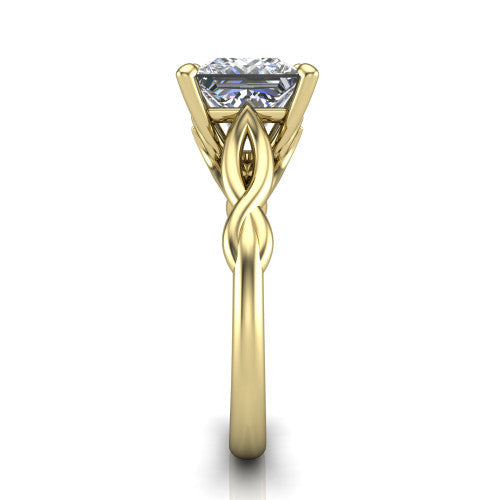 Ember princess solitaire engagement ring in 14K Yellow Gold — side profile showing the twisted infinity rope shank flowing into the cathedral gallery and 4-prong setting