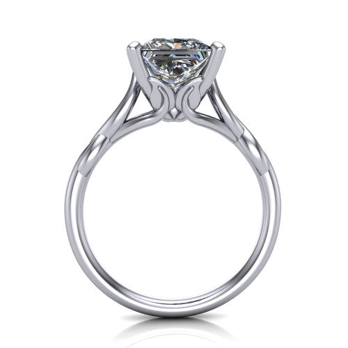 Ember princess solitaire engagement ring in 18K White Gold — through-finger front profile showing the open cathedral under-gallery and twisted rope shank