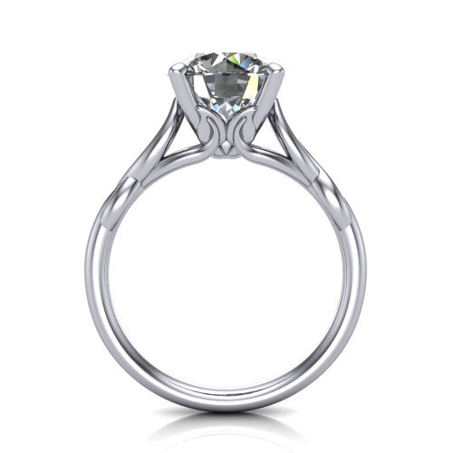 Ember round solitaire engagement ring in Platinum — through-finger front profile showing the open cathedral under-gallery and twisted rope shank