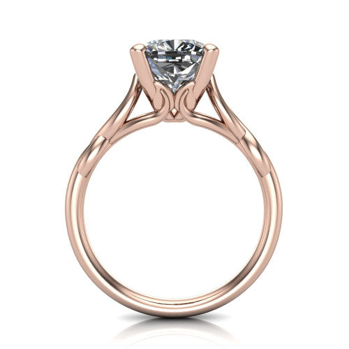 Ember cushion solitaire engagement ring in 18K Rose Gold — through-finger front profile showing the open cathedral under-gallery and twisted rope shank