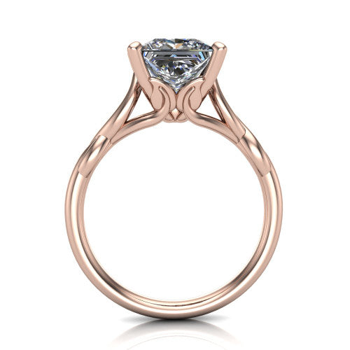 Ember princess solitaire engagement ring in 18K Rose Gold — through-finger front profile showing the open cathedral under-gallery and twisted rope shank