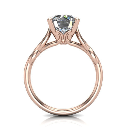 Ember round solitaire engagement ring in 14K Rose Gold — through-finger front profile showing the open cathedral under-gallery and twisted rope shank