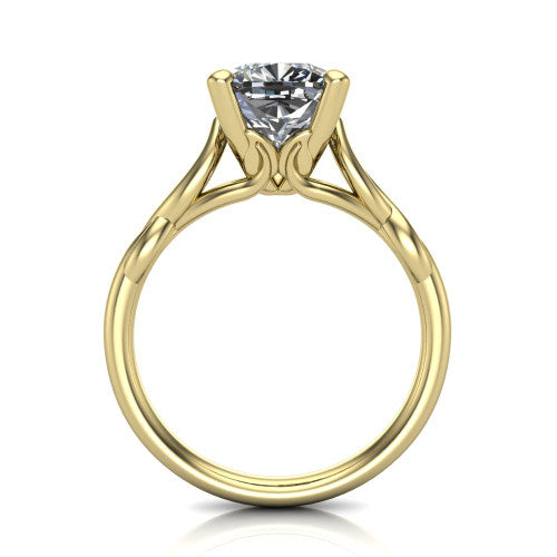 Ember cushion solitaire engagement ring in 18K Yellow Gold — through-finger front profile showing the open cathedral under-gallery and twisted rope shank