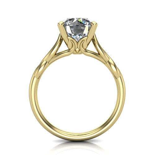 Ember round solitaire engagement ring in 14K Yellow Gold — through-finger front profile showing the open cathedral under-gallery and twisted rope shank