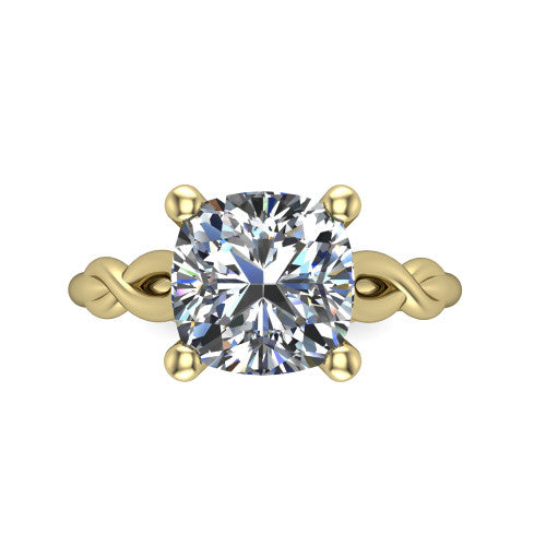 Ember cushion solitaire engagement ring in 14K Yellow Gold — top-down view showing the brilliant cushion-cut center diamond and four prongs