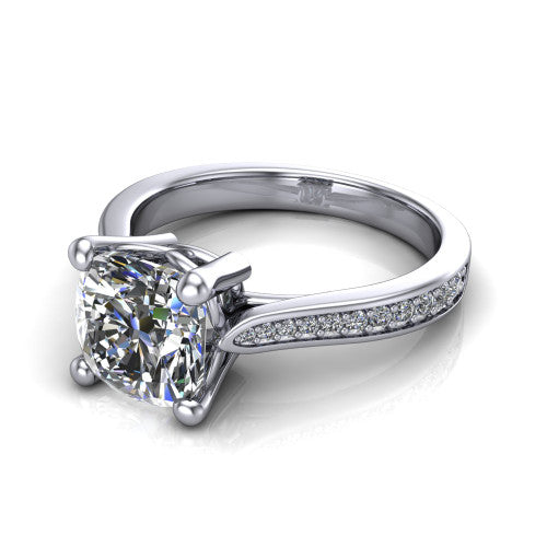 Myla cushion classic engagement ring in 14K White Gold, three-quarter perspective showing the cushion center diamond in a four-prong cathedral head above a pave band