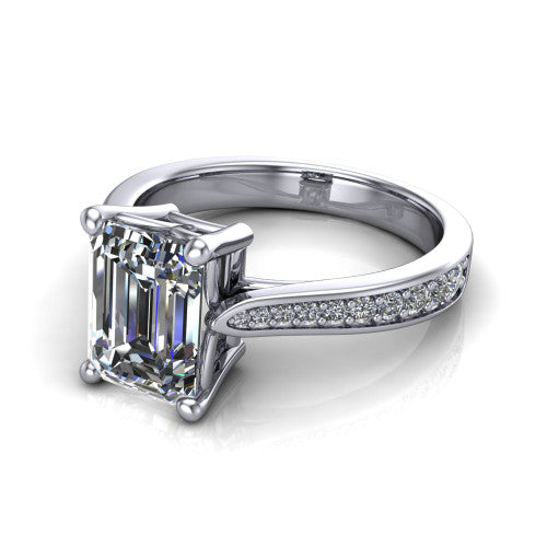 Myla emerald-cut classic engagement ring in 14K White Gold, three-quarter perspective showing the emerald-cut center diamond in a four-prong cathedral head above a pave band