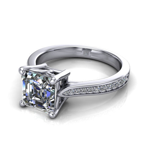 Myla square emerald-cut classic engagement ring in 14K White Gold, three-quarter perspective showing the square emerald-cut center diamond in a four-prong cathedral head above a pave band