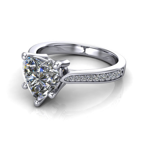 Myla heart classic engagement ring in Platinum, three-quarter perspective showing the heart center diamond in a four-prong cathedral head above a pave band