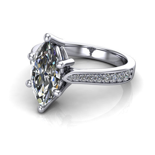 Myla marquise classic engagement ring in Platinum, three-quarter perspective showing the marquise center diamond in a four-prong cathedral head above a pave band