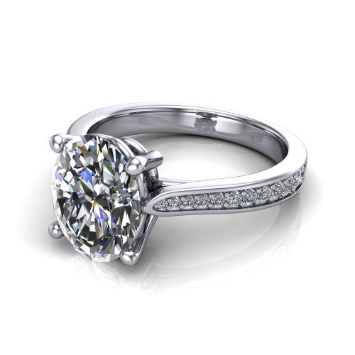 Myla oval classic engagement ring in 14K White Gold, three-quarter perspective showing the oval center diamond in a four-prong cathedral head above a pave band