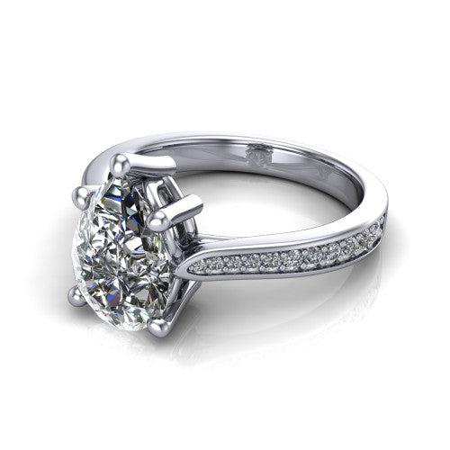 Myla pear classic engagement ring in 18K White Gold, three-quarter perspective showing the pear center diamond in a four-prong cathedral head above a pave band