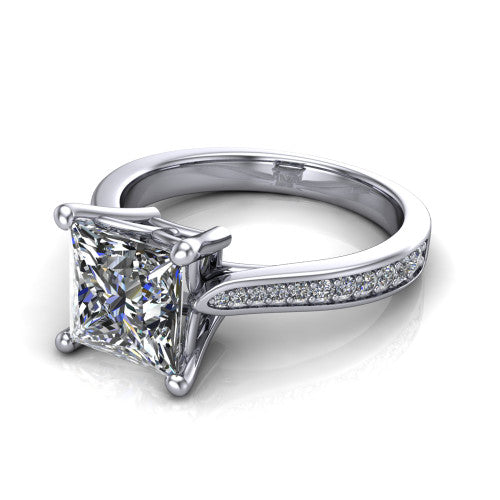 Myla princess-cut classic engagement ring in 18K White Gold, three-quarter perspective showing the princess-cut center diamond in a four-prong cathedral head above a pave band