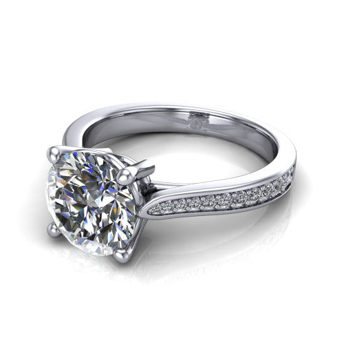 Myla round solitaire engagement ring in 14K White Gold, three-quarter perspective showing the round center diamond in a four-prong cathedral head above a pave band