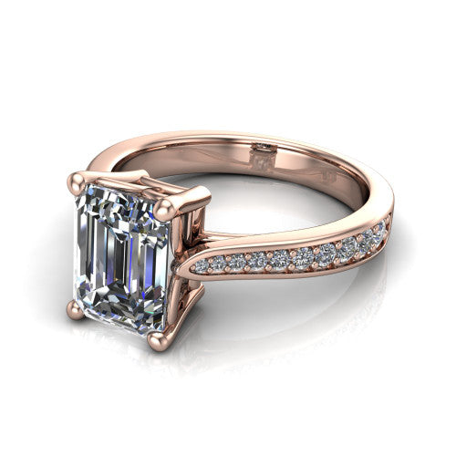 Myla emerald-cut classic engagement ring in 14K Rose Gold, three-quarter perspective showing the emerald-cut center diamond in a four-prong cathedral head above a pave band