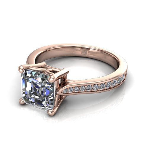 Myla square emerald-cut classic engagement ring in 14K Rose Gold, three-quarter perspective showing the square emerald-cut center diamond in a four-prong cathedral head above a pave band