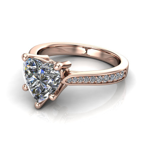 Myla heart classic engagement ring in 14K Rose Gold, three-quarter perspective showing the heart center diamond in a four-prong cathedral head above a pave band