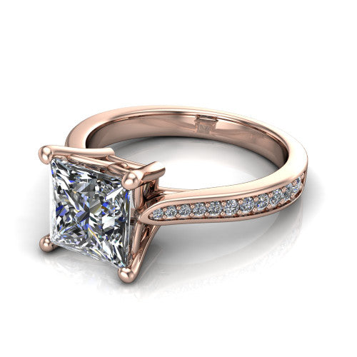 Myla princess-cut classic engagement ring in 14K Rose Gold, three-quarter perspective showing the princess-cut center diamond in a four-prong cathedral head above a pave band
