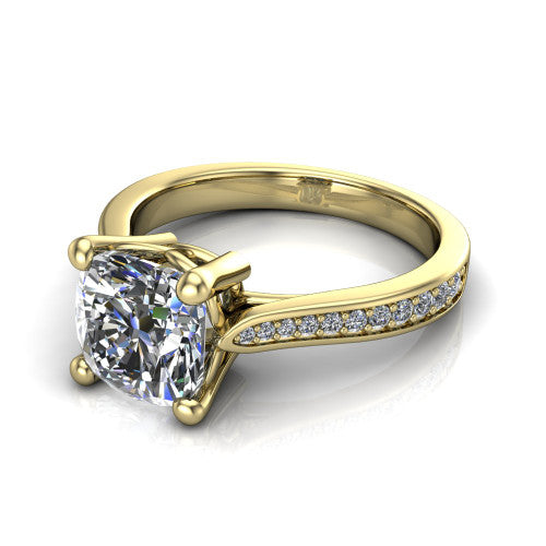 Myla cushion classic engagement ring in 14K Yellow Gold, three-quarter perspective showing the cushion center diamond in a four-prong cathedral head above a pave band