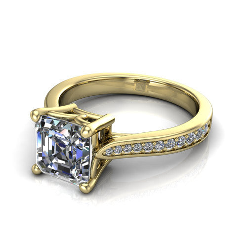 Myla square emerald-cut classic engagement ring in 14K Yellow Gold, three-quarter perspective showing the square emerald-cut center diamond in a four-prong cathedral head above a pave band