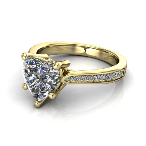 Myla heart classic engagement ring in 18K Yellow Gold, three-quarter perspective showing the heart center diamond in a four-prong cathedral head above a pave band