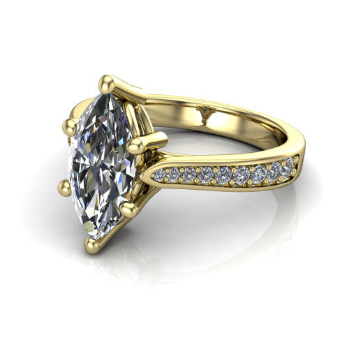 Myla marquise classic engagement ring in 18K Yellow Gold, three-quarter perspective showing the marquise center diamond in a four-prong cathedral head above a pave band