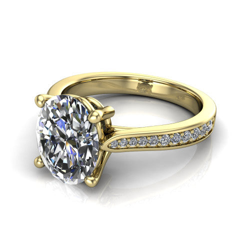 Myla oval classic engagement ring in 14K Yellow Gold, three-quarter perspective showing the oval center diamond in a four-prong cathedral head above a pave band